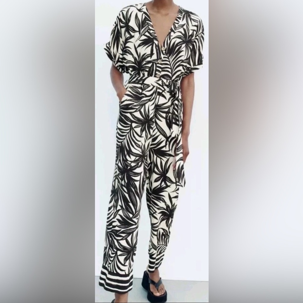 Zara Palm Print Wide Leg Jumpsuit‎ Black Ivory S NWT